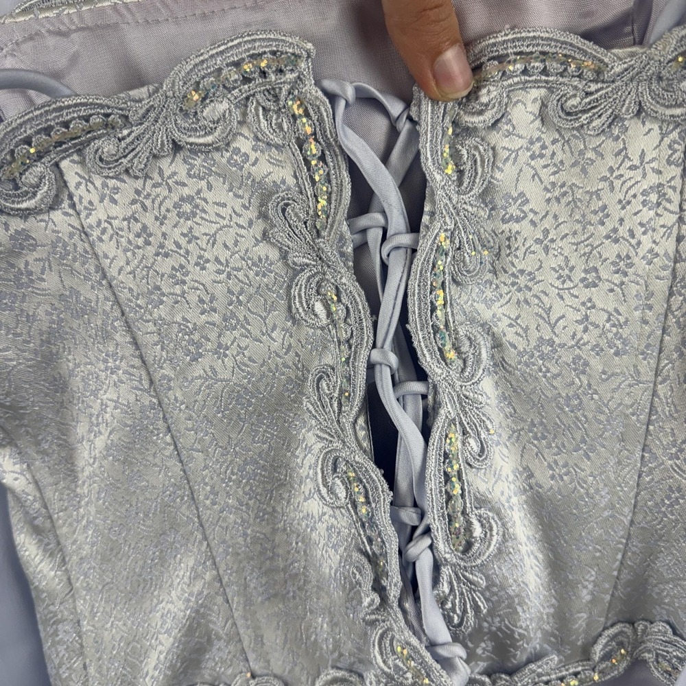 Y2k Betsy & Adam Skirt Corset Set Womens 4P Blue Chiffon Rhinestone VTG 90s - Picture 9 of 16